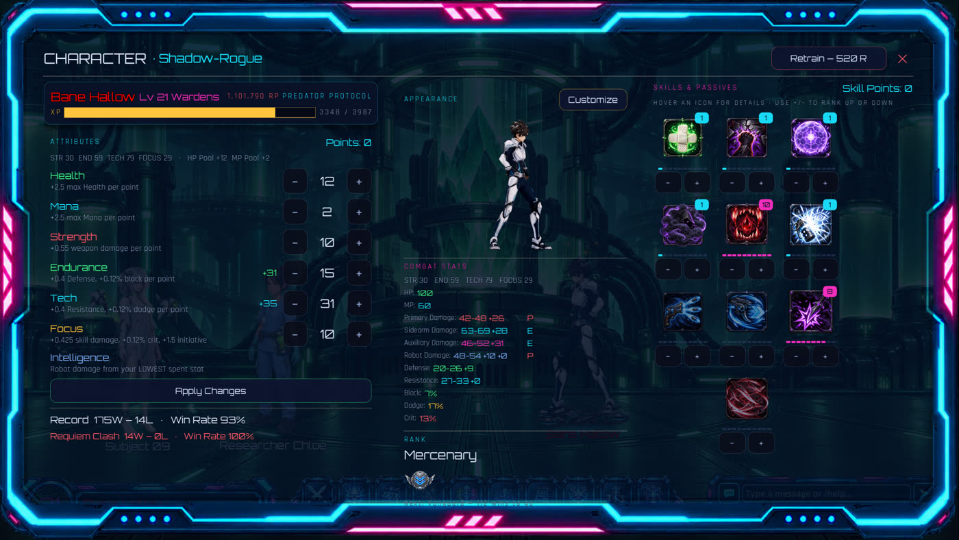 Character screen for a level 21 Shadow-Rogue, showing attributes, combat stats and skills