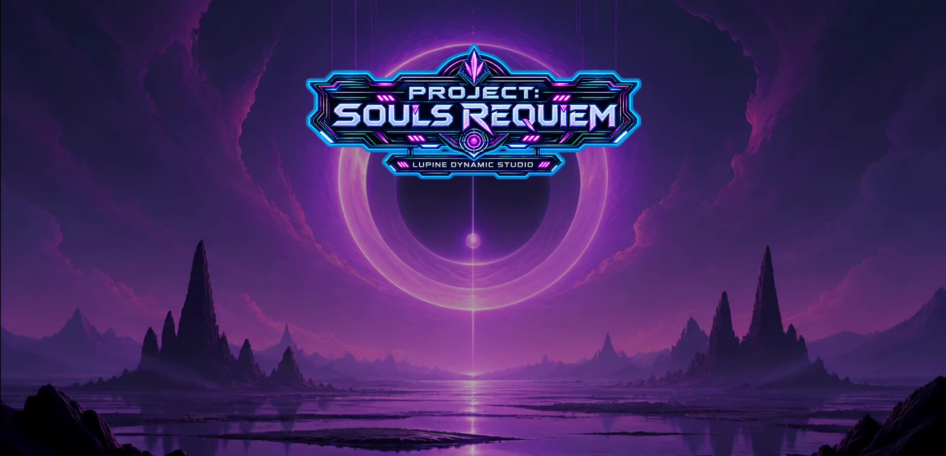 Project: Souls Requiem logo above a violet lake under a glowing ring in the sky