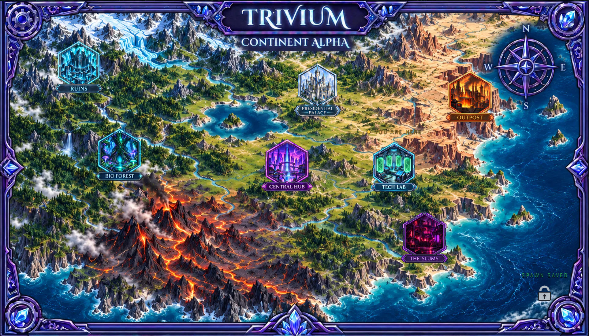 Map of Trivium, Continent Alpha, with Ruins, Bio Forest, Presidential Palace, Central Hub, Tech Lab, Outpost and The Slums marked
