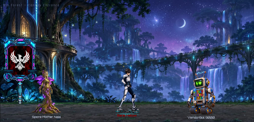 Bio Forest canopy with glowing waterfalls at night