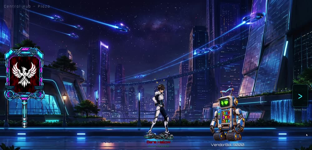 Futuristic city plaza with flying ships