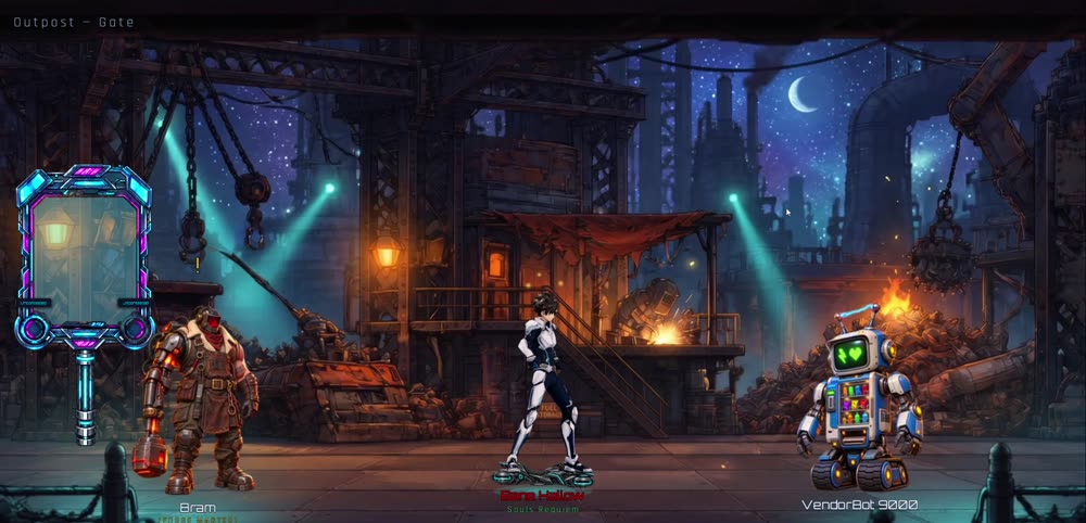 Industrial outpost gate at night with a forge