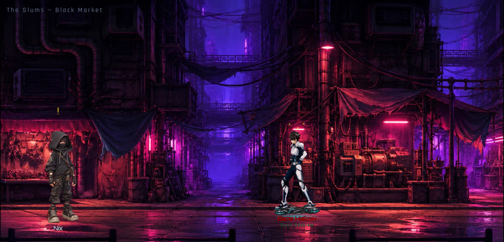 Neon-lit black market street in The Slums